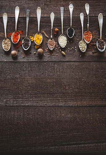spices and seasoning in spoons on wooden table. Background with place for text