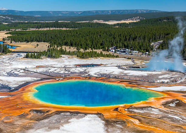 Grand Prismatic Yellowstone The famous and largest hot spring in Yellowstone National Park - the Grand Prismatic. midway geyser basin photos stock pictures, royalty-free photos & images