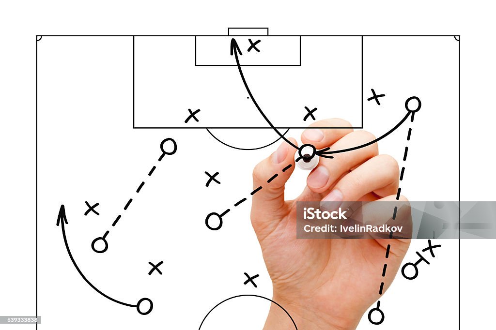 Football Coach Game Strategy Coach sketching a football game strategy with marker on transparent wipe board. Soccer coach explaining game tactics. Strategy Stock Photo