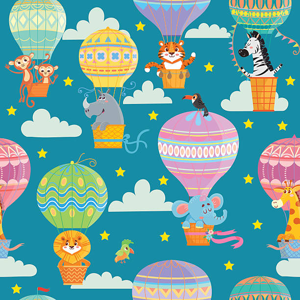 ilustrações de stock, clip art, desenhos animados e ícones de coloridos balões de ar quente e animais. - air nature high up pattern