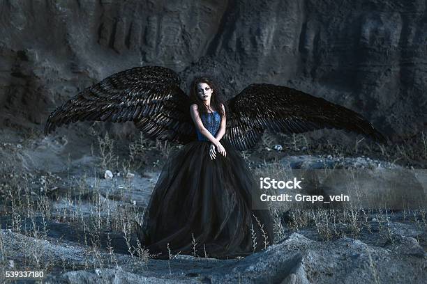 Angel With Black Wings Stock Photo - Download Image Now - Women, Angel, Crow - Bird