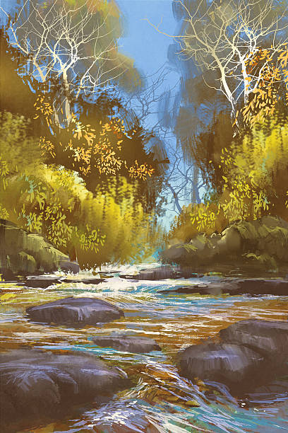 istock landscape painting of creek in forest,waterfall 539338318