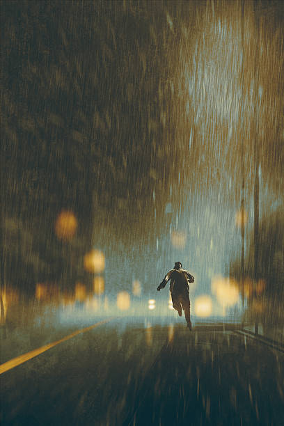 ilustrações de stock, clip art, desenhos animados e ícones de homem correr em noite de chuva pesadaweather condition - night running