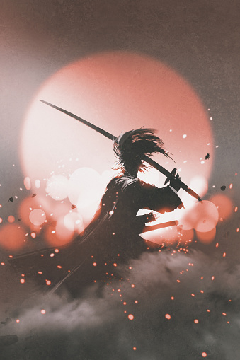 samurai with sword standing on sunset background,illustration digital painting