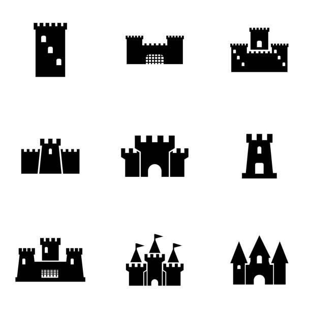 vektor schwarz schloss symbol-set - turm stock-grafiken, -clipart, -cartoons und -symbole