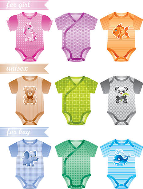 ilustrações de stock, clip art, desenhos animados e ícones de vestuário para bebé conjunto de ícones: rapariga e rapaz e unissexo corpo fatos - onesie