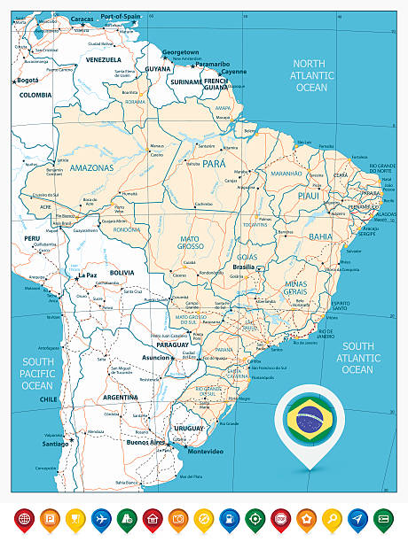 ilustrações de stock, clip art, desenhos animados e ícones de estrada mapa do brasil e indicadores do mapa de cores - the americas latin american and hispanic ethnicity map latin america