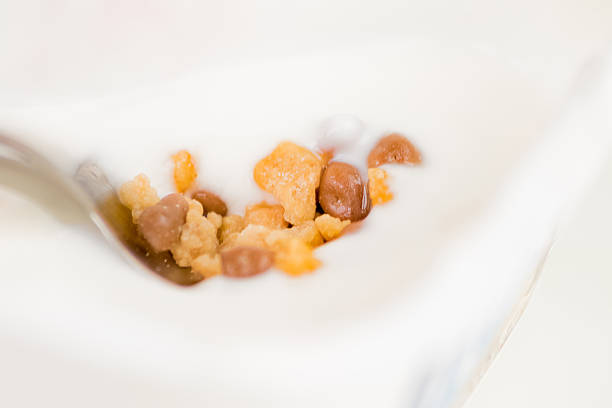 close-up of healthy cereal and chocolate and white yogurt on the spoon, concept of healthy food nutrition