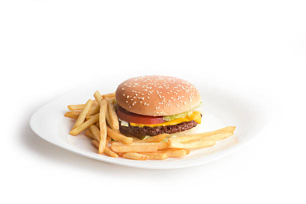 istock Fresh tasty hamburger with fries on a white plate 539340648