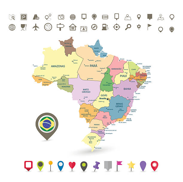 ilustrações de stock, clip art, desenhos animados e ícones de mapa do brasil com bandeira e ícones de navegação - the americas latin american and hispanic ethnicity map latin america