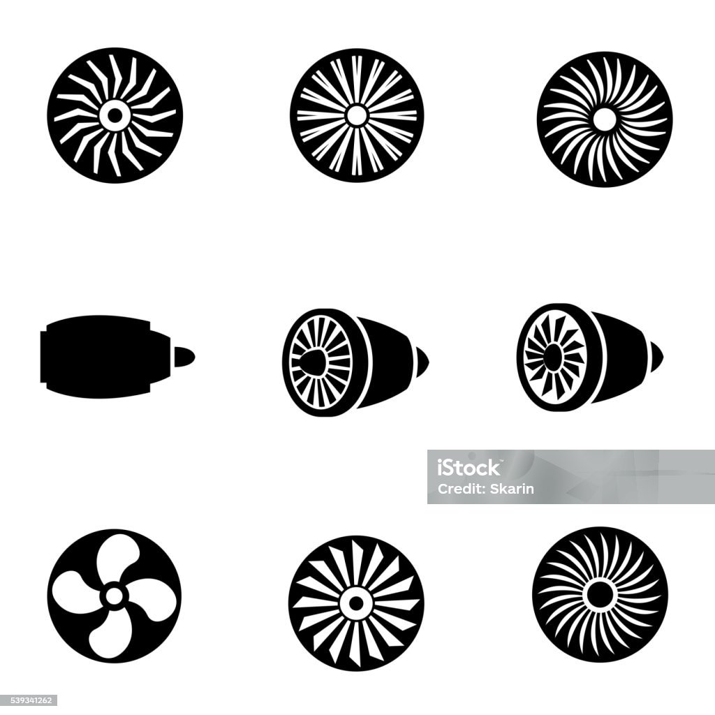 Turbinas conjunto de iconos Vector de negro - arte vectorial de Avión libre de derechos