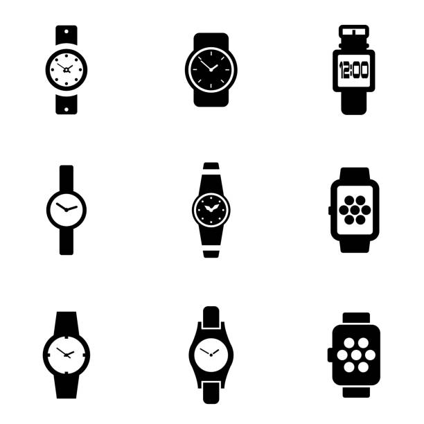 ilustraciones, imágenes clip art, dibujos animados e iconos de stock de vector de negro conjunto de iconos de reloj de pulsera - reloj de pulsera