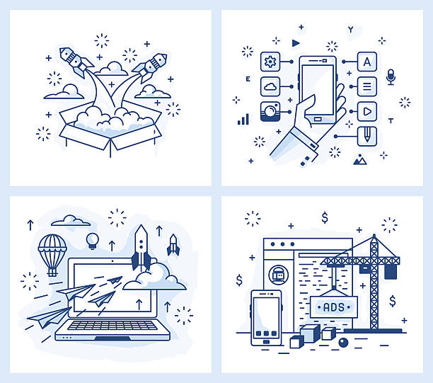 Small illustration of a modern linear style Set of vector illustrations in modern linear style, the launch of the project, a list of applications, detailed design, site development, rocketship patterns stock illustrations