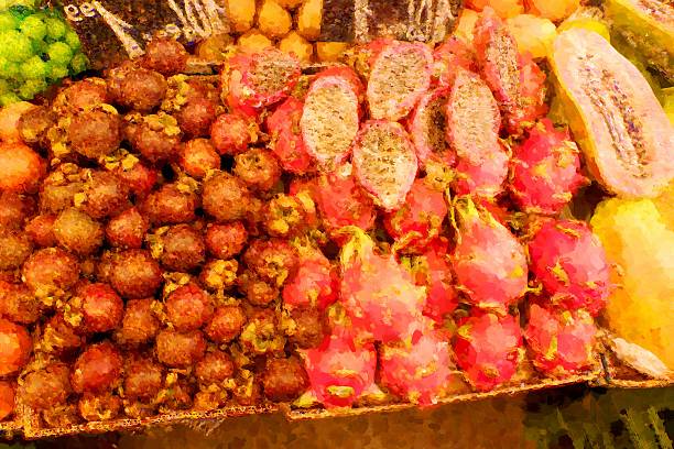 Watercolor paint. Paint effect. . Fresh healthy bio spring dragon fruit and macadamia in shell, wooden box, farmer agricultural market, street open air  bazaar