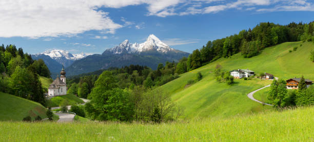 순례 교회 maria 게른, 바츠만 산 배경 - non urban scene landscaped clear sky germany 뉴스 사진 이미지