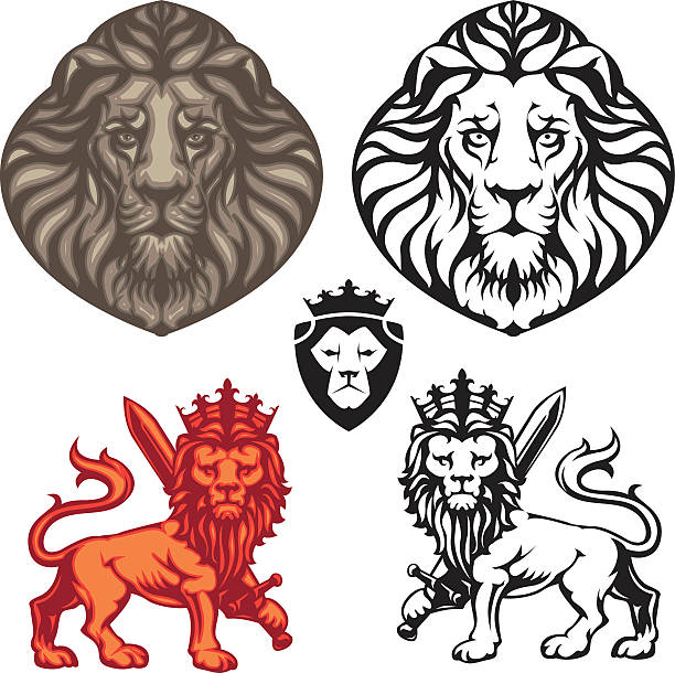 illustrazioni stock, clip art, cartoni animati e icone di tendenza di coronato leone heraldry set - illustration and painting image computer graphic lion