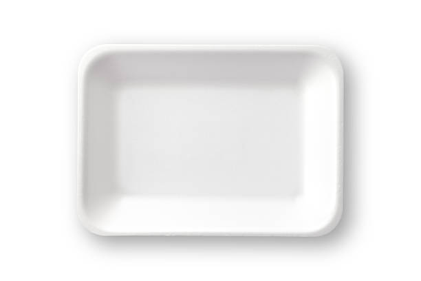 blanco vacío styrofoam comida en bandeja toma directamente arriba. clipping path (borde de corte - polystyrene fotografías e imágenes de stock