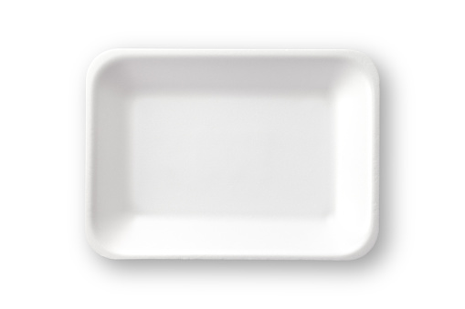 Empty white styrofoam food tray shot directly above against white background. Clipping path included. DSRL studio photo taken with Canon EOS 5D Mk II and EF 100mm f/2.8L Macro IS USM