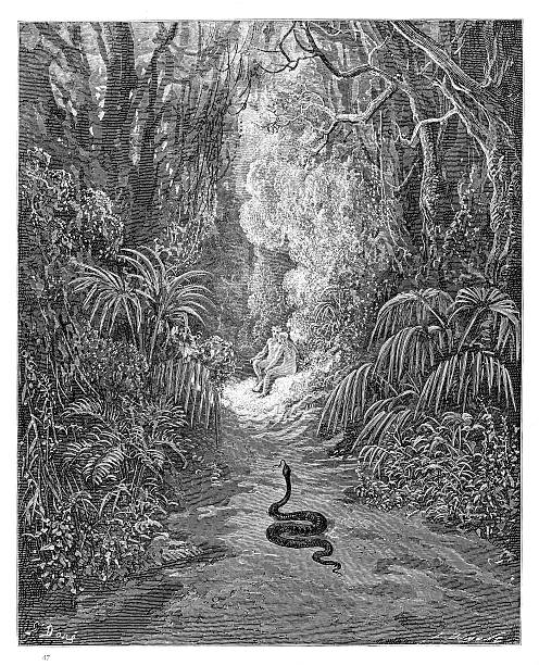 illustrazioni stock, clip art, cartoni animati e icone di tendenza di il primo approccio del serpente 1885 in rilievo - i sette peccati capitali illustrazioni
