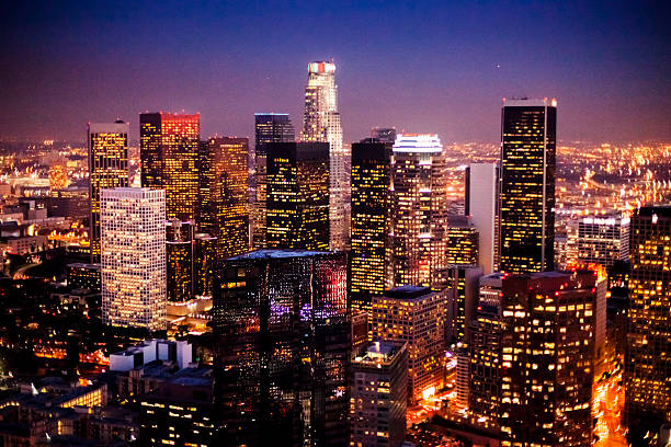 Aerial shot of downtown Los Angeles, CA at night.