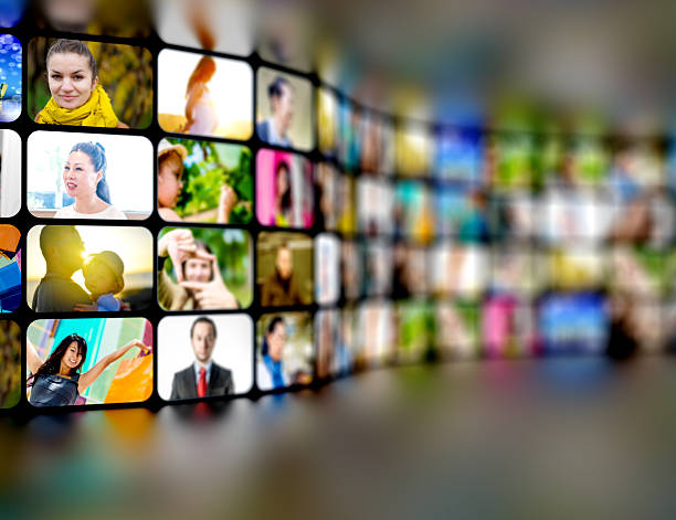 tv screens with video stills showing many people Digital Media - tv screens with video stills showing many people wide screen photos stock pictures, royalty-free photos & images