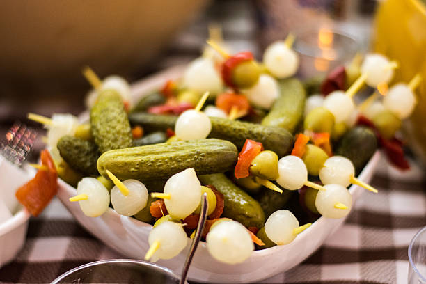 Traditional spanish skews (pinchos) af olive and sweet onion