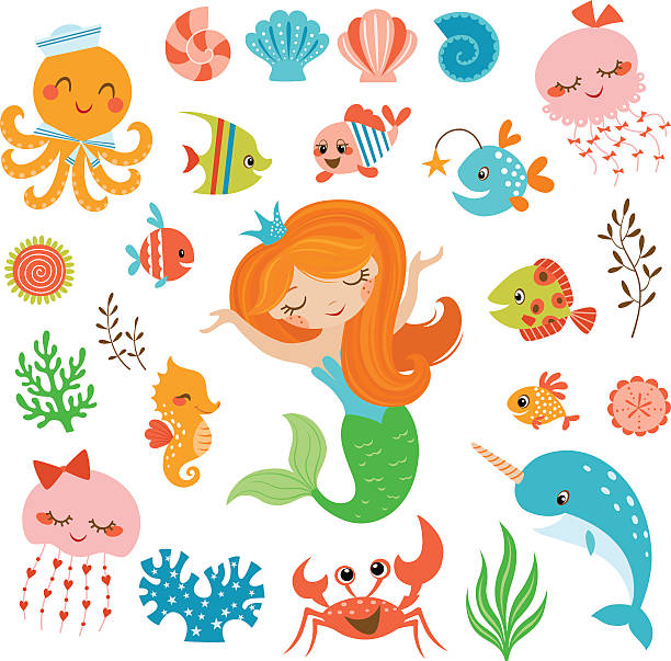 ilustraciones, imágenes clip art, dibujos animados e iconos de stock de sirena y amigos al mar - characters coral sea horse fish