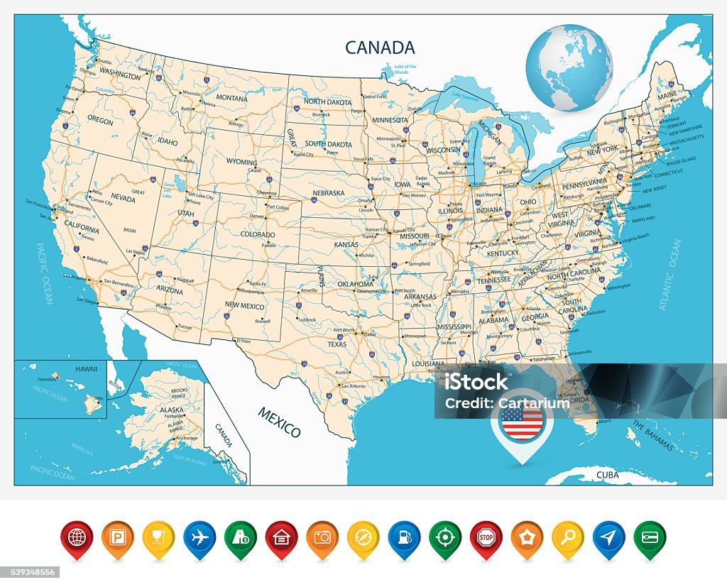 Highly detailed road map of United States Highly Detailed Map of United States. With cities, roads, lakes, rivers, states, Alaska and Hawaii. Map stock vector