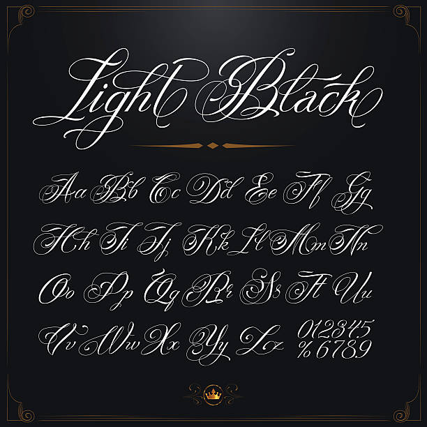 Light Black Typeface Hand drawn vector calligraphy tattoo alphabet with numbers tattoo fonts stock illustrations