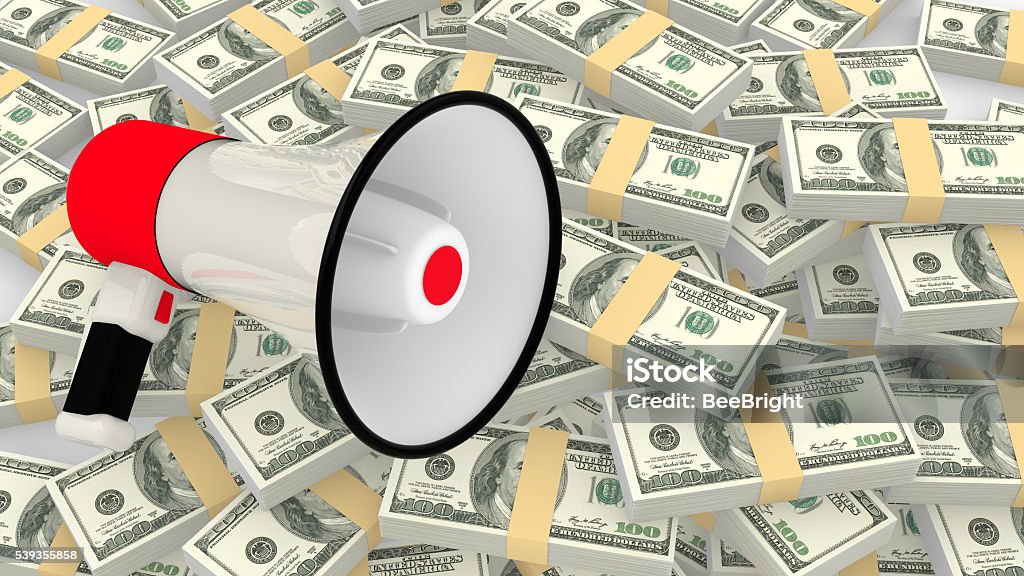 Megaphone on a huge pile of us dollar 3D illustration Announcement Message Stock Photo
