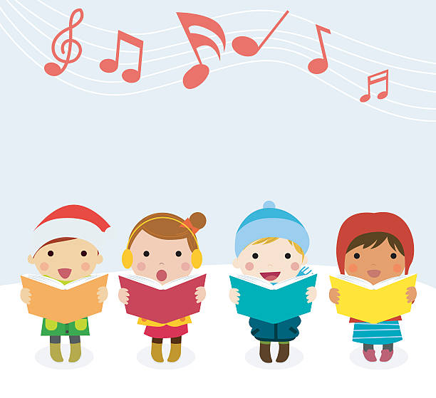 illustrations, cliparts, dessins animés et icônes de groupe d’enfants chœur chantant des chansons de noël. illustration vectorielle - caroler christmas music winter