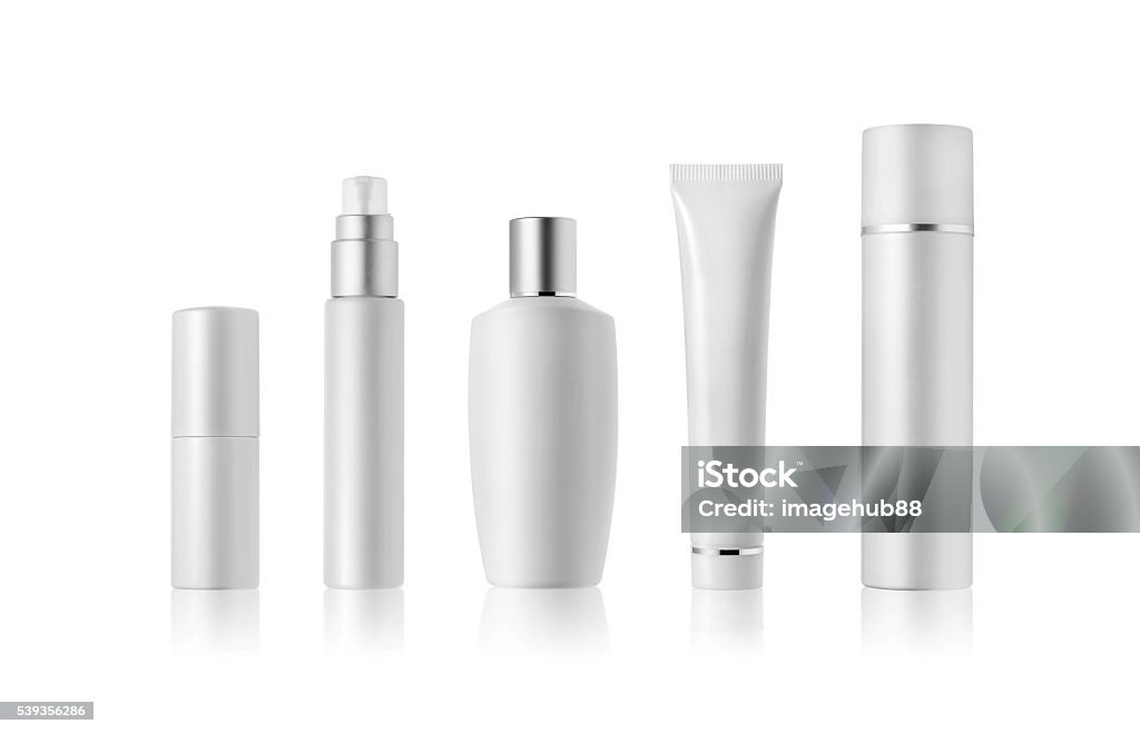 White Cosmetic containers White Cosmetic containers isolated on white Bottle Stock Photo