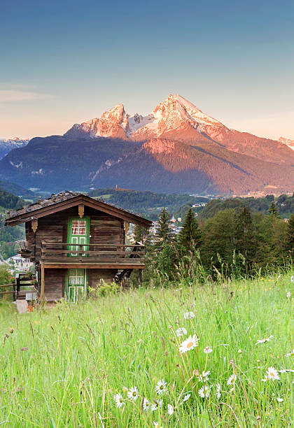 idilliaco paesaggio estivo nelle alpi all " alba - sunrise european alps mountain alpenglow foto e immagini stock