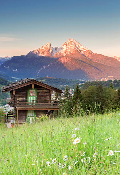 Panoramic view of beautiful landscape in the Bavarian Alps with famous Watzmann mountain in the background in springtime, Nationalpark Berchtesgadener Land, Bavaria, Germany
