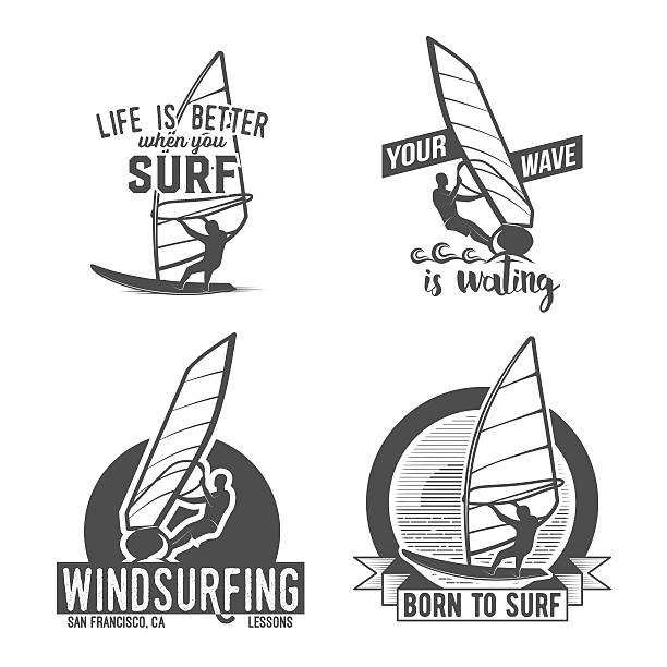 zestaw windsurfing odznaki i logo - windsurfing stock illustrations