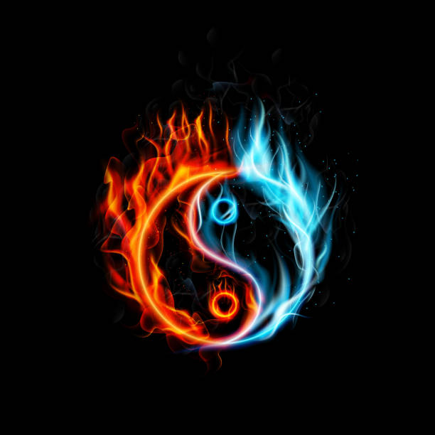 Fire burning Yin Yang with black background Illustration of Fire burning Yin Yang with black background dieng plateau stock illustrations
