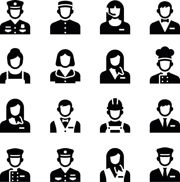 Hotel Service Staff Occupation Avatar Vector Icon Set business, captain, career, chef, clean, cleaner, concierge, cook, cooking, cop, crew, design, desk, doorman, driver, electrician, employment, engineer, flat, front, girl, guard, hospitality, hotel, housekeeping, icon, illustration, isolated, job, maid, man, manager, occupation, people, person, police, porter, professional, receptionist, restaurant, room, service, staff, suit, sweeper, team, technician, uniform, vector, waiter, waitress chef symbols stock illustrations