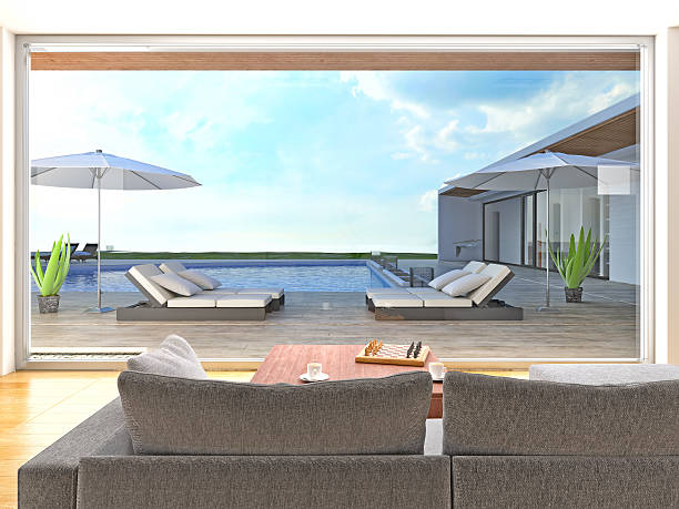 istock Modern living room overlooking swimming pool 539364662
