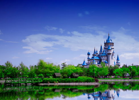 Fairy castle,same like disneyland castle, reflection on lake, Eskisehir 