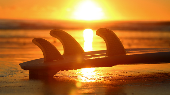 Surfboard on the beach at sunrise