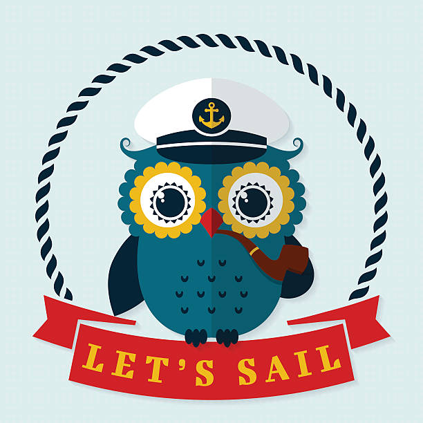 illustrations, cliparts, dessins animés et icônes de laissez la voile! carte vectorielle avec capitaine owl. - symbol sea animal owl