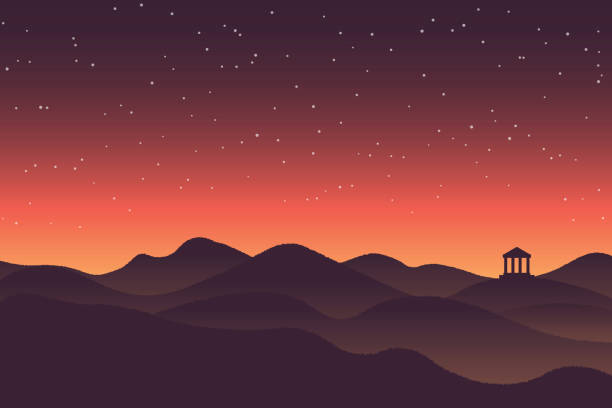 ilustraciones, imágenes clip art, dibujos animados e iconos de stock de fondo abstracto silueta de paisaje al atardecer las montañas - hill dusk sunset heat haze