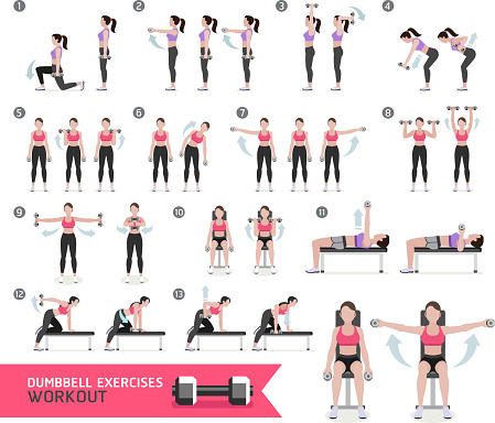 Woman dumbbell workout fitness and exercises. 