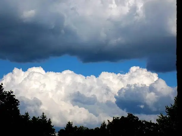 Cumulonimbus convective cloud indicating storm formation through low pressure system in unstable atmosphere during summer