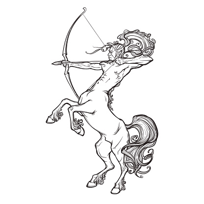 Rearing Centaur holding bow and arrow. Vintage style sketch.