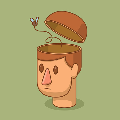 Vector cartoon image of the head of a man with brown hair and with an open braincase from which flying out a fly on a green background. Empty head. Vector illustration.
