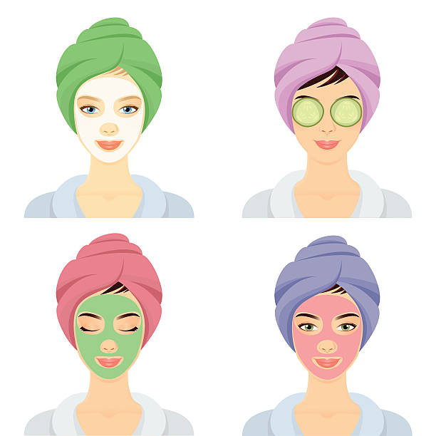 Woman in a Spa set Set of 4 women with cosmetic face masks. Smiling girl portrait. Clean skin, cosmetics concept, fresh healthy face. Beautiful model. Graphic design element for spa or beauty salon poster facial mask woman stock illustrations