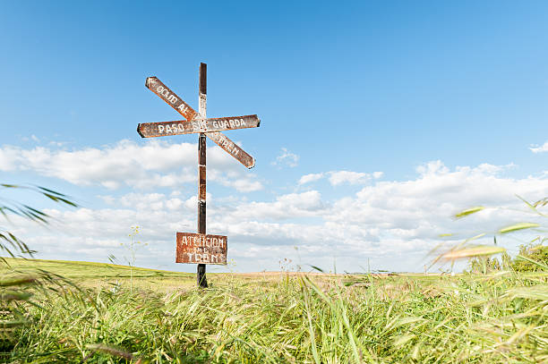 istock iron sign over blue sky background and green field 539373526