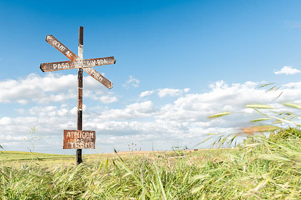 istock iron sign over blue sky background and green field 539373742