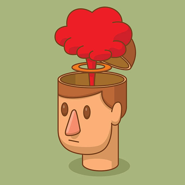 Open head of man with a cloud of nuclear explosion Vector cartoon image of the head of a man with brown hair and with an open braincase from which appears a red cloud of a nuclear explosion on a green background. Blow your mind. Vector illustration. cartoon of painted skull faces stock illustrations